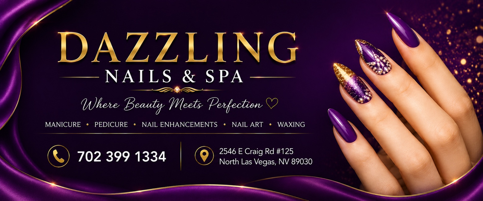 Dazzling Nails and Spa purple and gold brand banner with phone number and North Las Vegas address